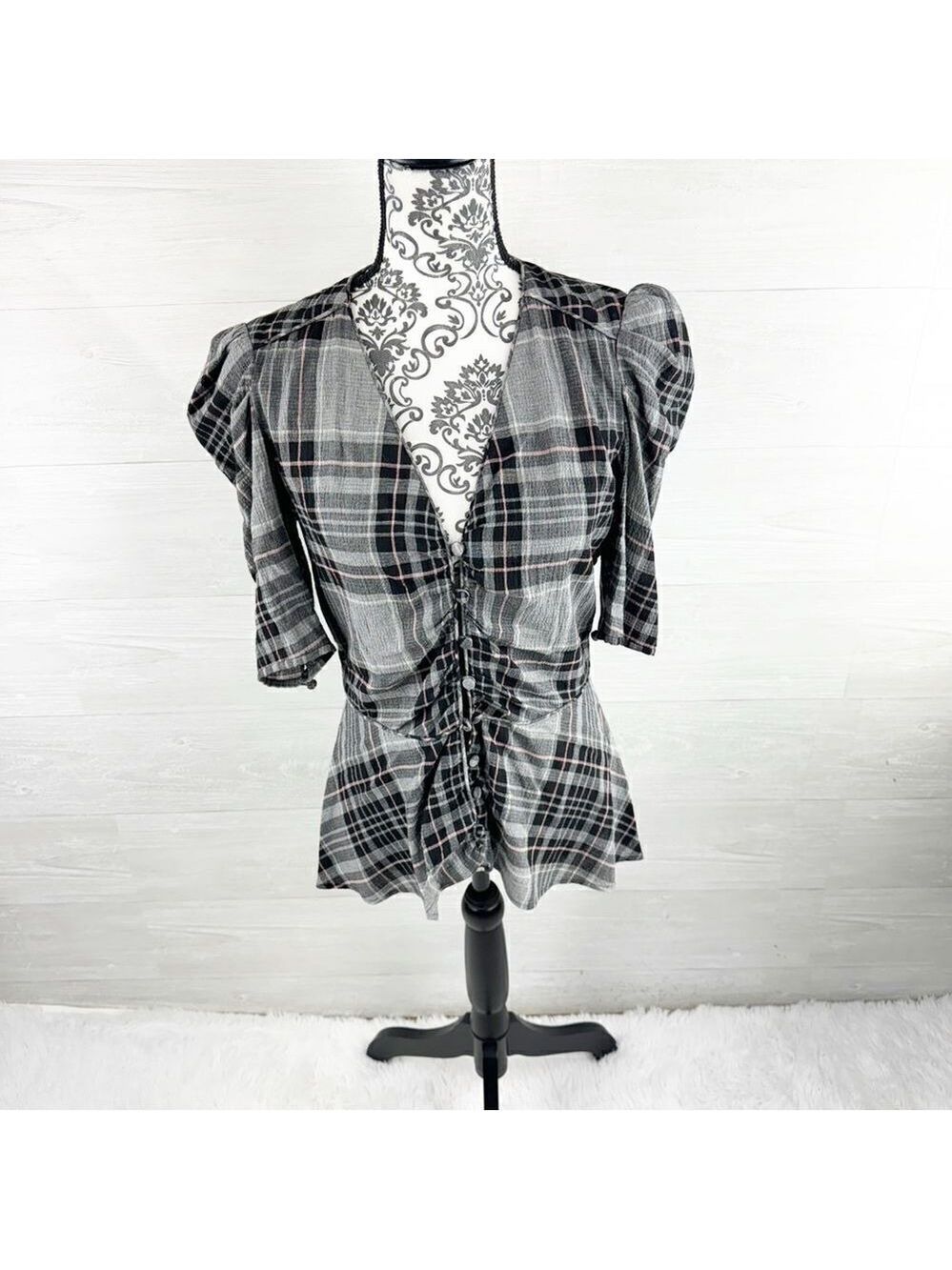 Veronica Beard Pisano Wool Blend High Low Plaid Top